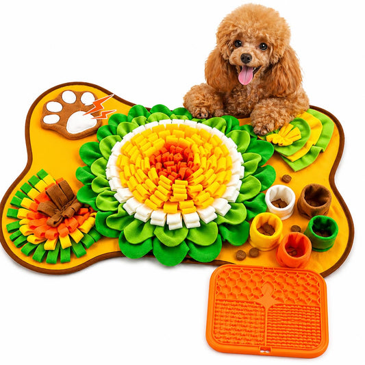 Interactive Puzzle Snuffle Mat & Silicone Lick Mat for Dogs Set. Enrichment Treat Mat & Slow Feeder Toy for Foraging (Orange Snuffle & Lick Combo)