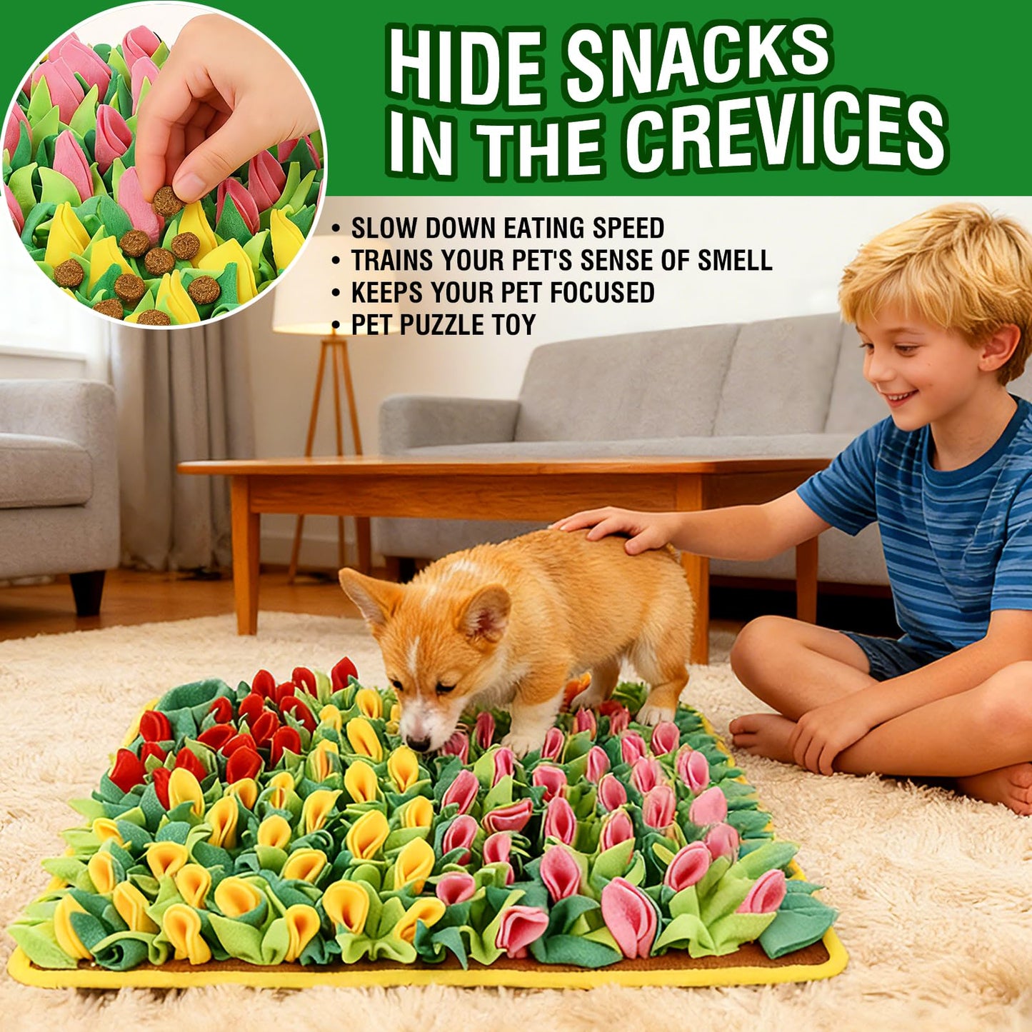 Slow Feeding Puzzle Snuffle Mat for Small & Medium Dogs. Sniff Mat for Mental Stimulating Scent Stimulation. Portable Durable Pet Food Mat (Tulip Style).